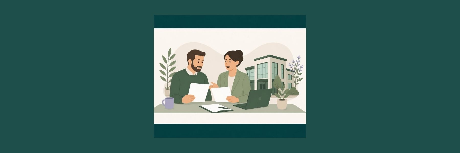 Business owner and adviser comparing documents beside a commercial property