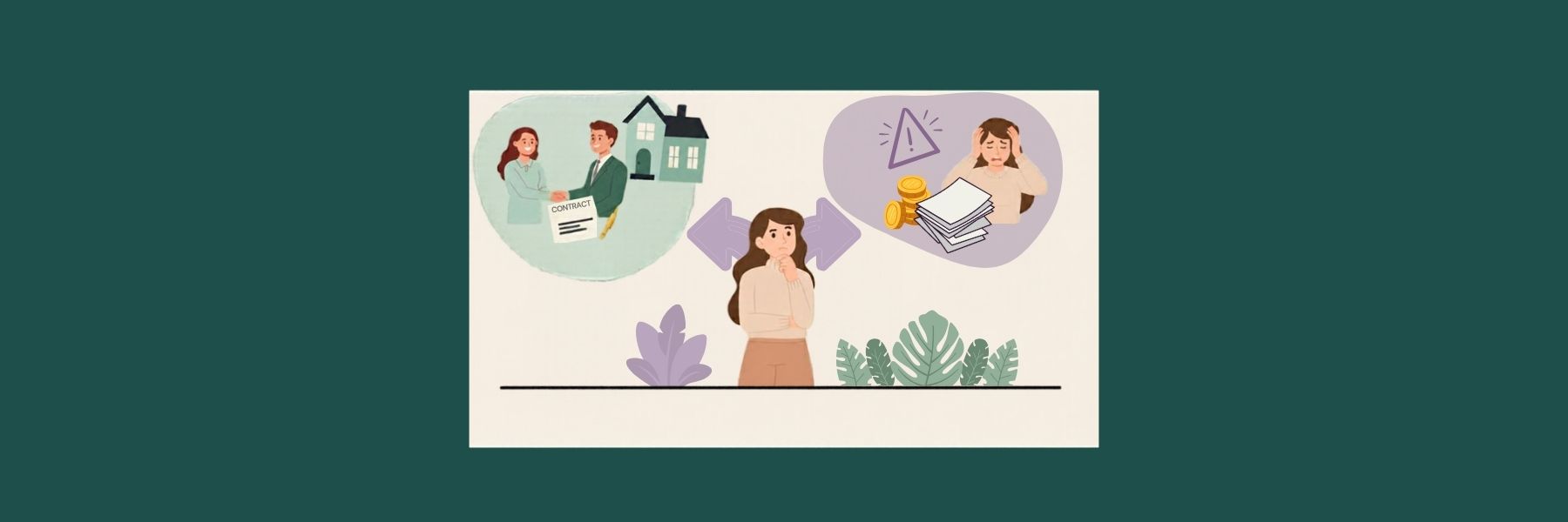 Person considering mortgage debt consolidation with house, bills and balance-scale symbols