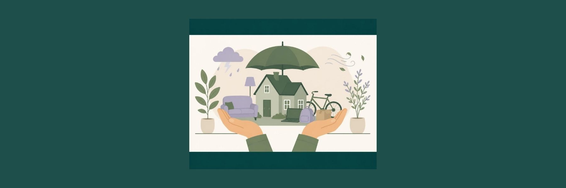 Hands holding a house beneath an umbrella, representing home and belongings insurance
