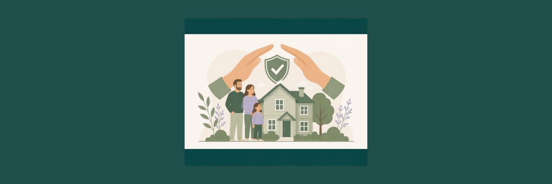 Hands protecting a family and house beneath a shield, representing home insurance