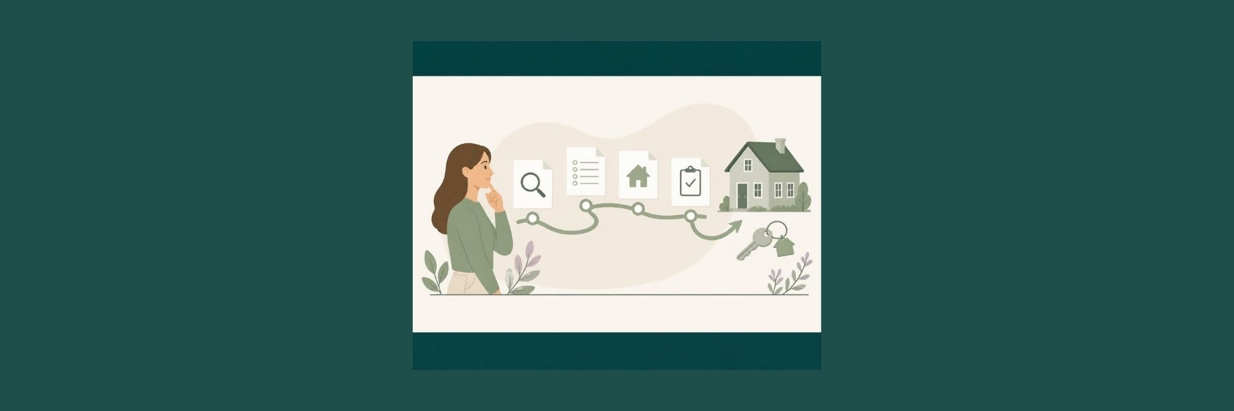 Home buyer following a sequence of mortgage documents, checks and house symbols