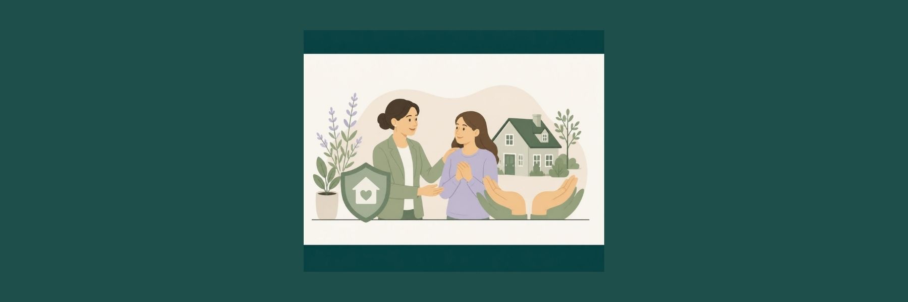 Couple receiving support beside a house and protection shield, representing the Mortgage Charter