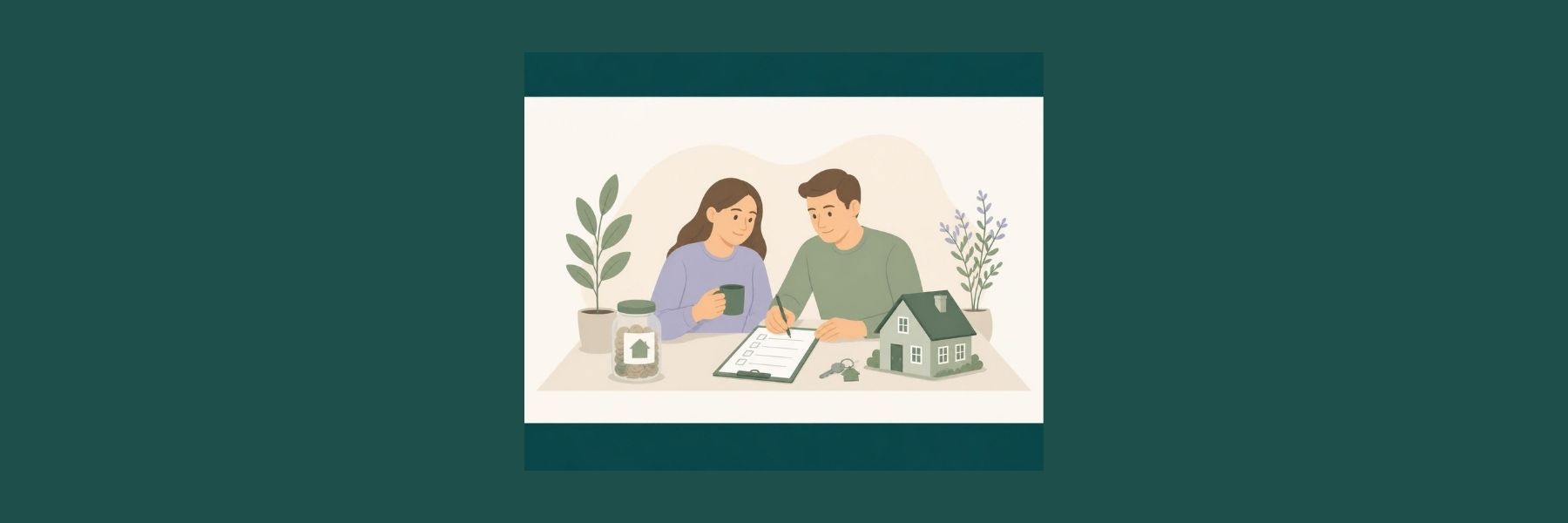 First-time buyers reviewing paperwork beside a model house as they prepare for homeownership