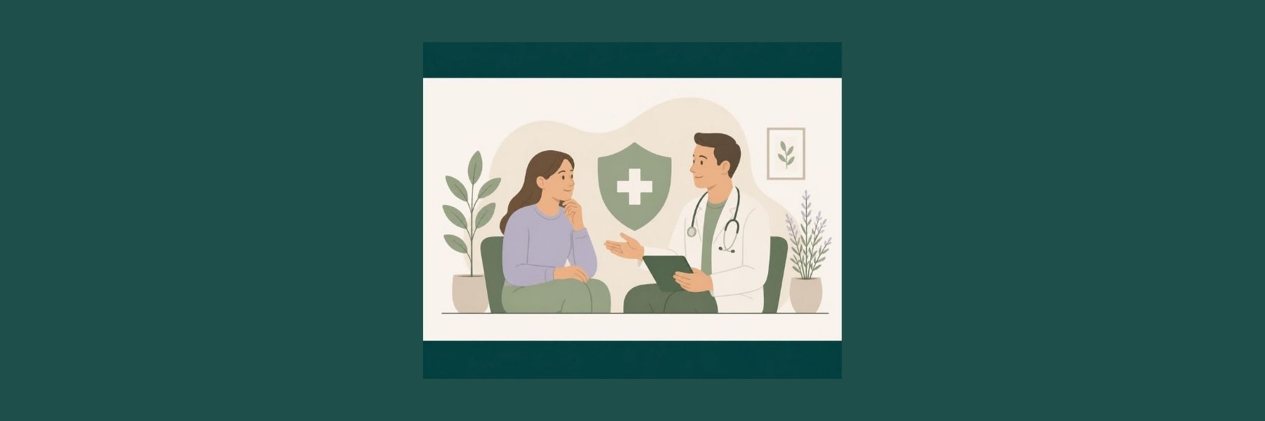 Doctor discussing private medical insurance with a family beside a health shield
