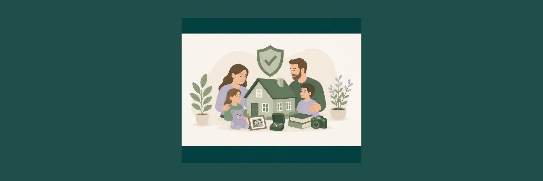 Family beside a house and shield, representing protection through home insurance